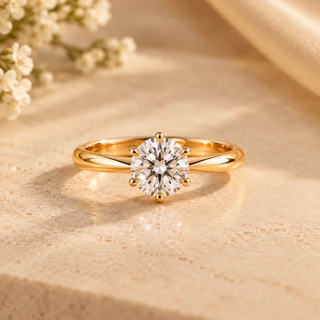 Yellow gold solitaire ring on ivory silk