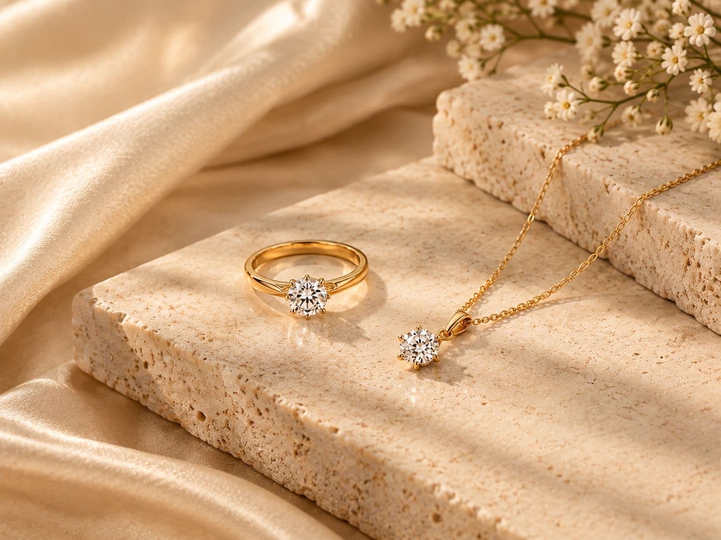 Gold solitaire ring and pendant on travertine