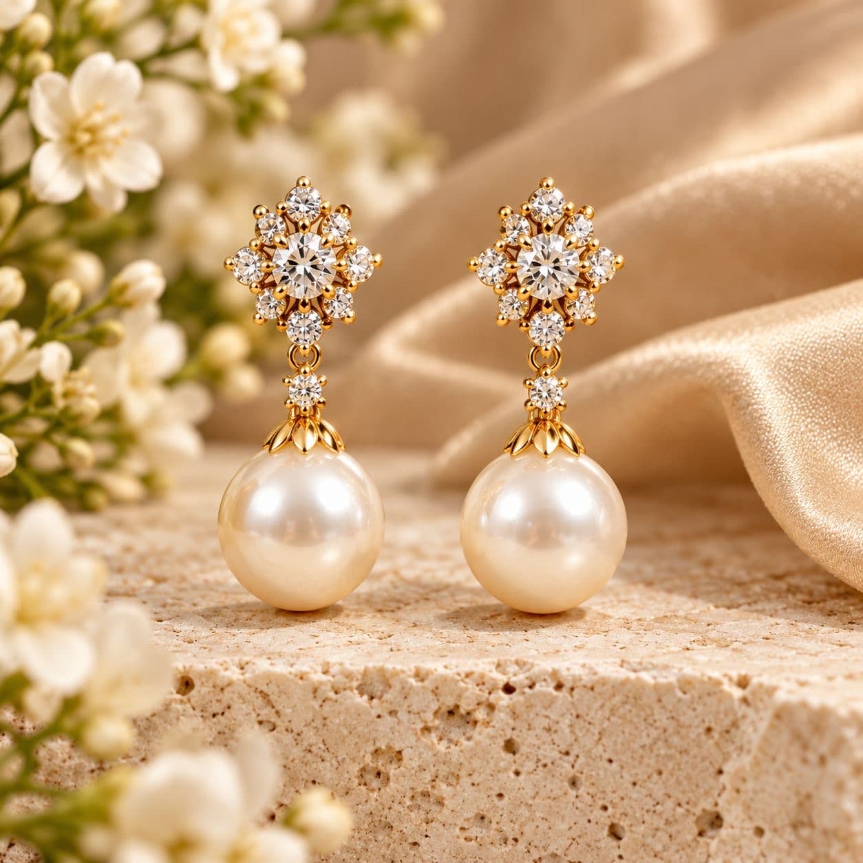 Pearl drop earrings with diamond tops