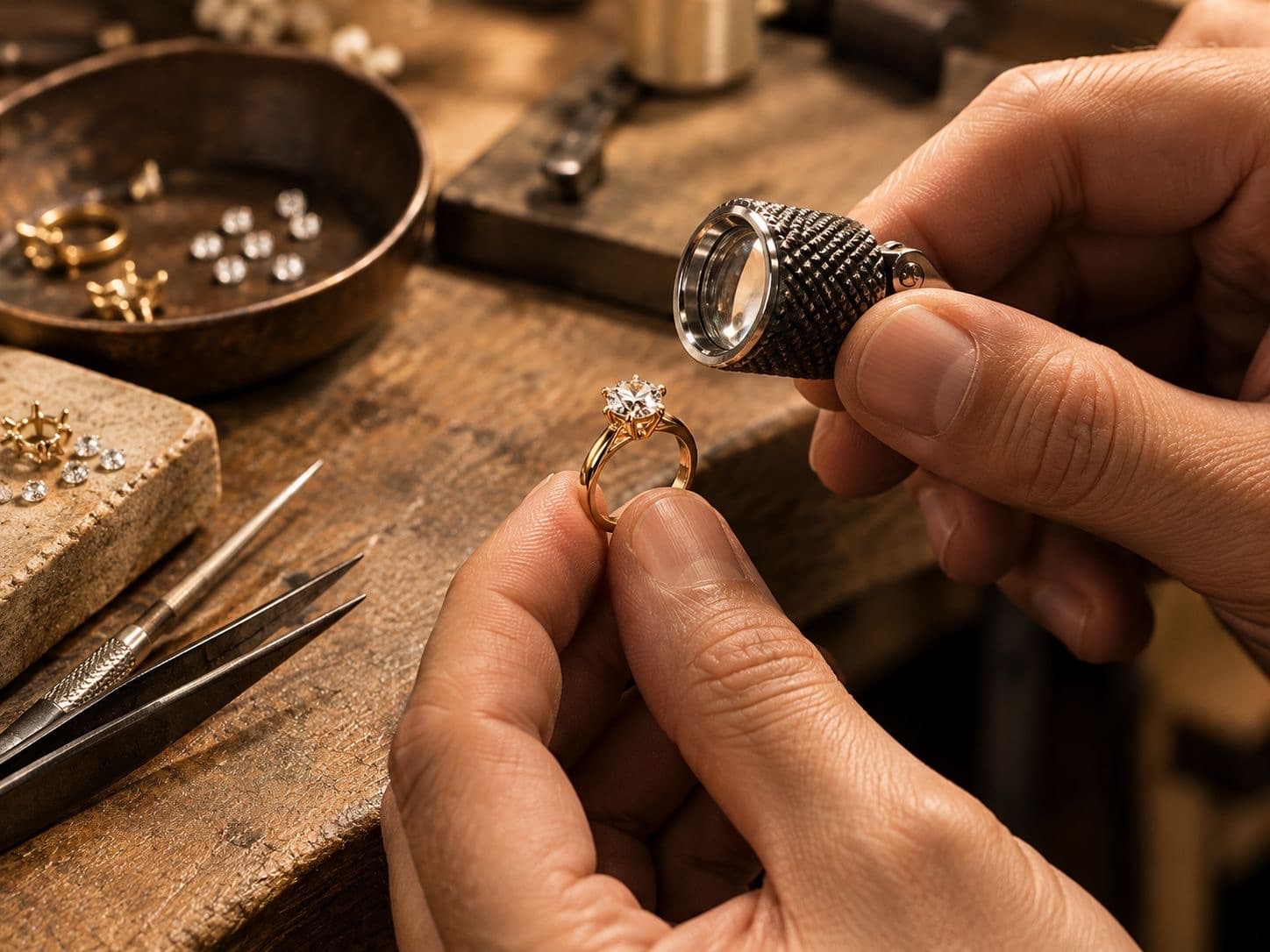 A jeweller inspecting a solitaire under a loupe