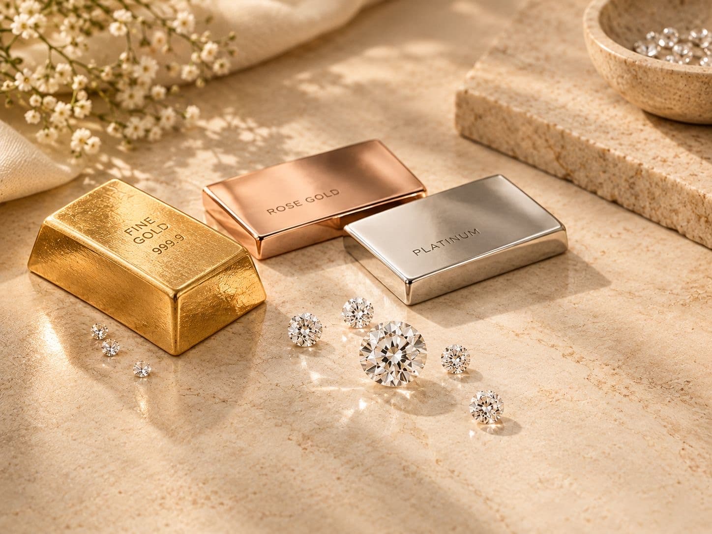 Fine gold, rose gold and platinum with loose diamonds