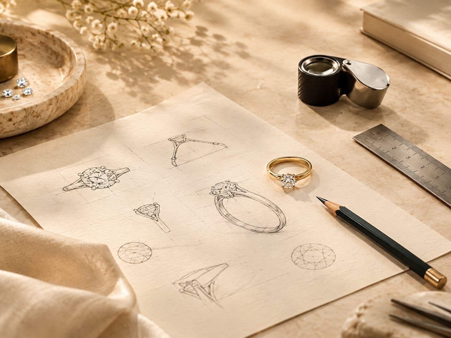 A hand-drawn design sketch beside the finished ring